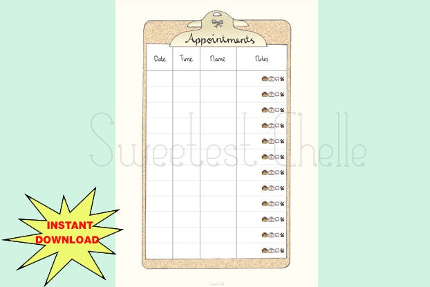 Cute Printable A5 Page Appointment Planner Appoinment
