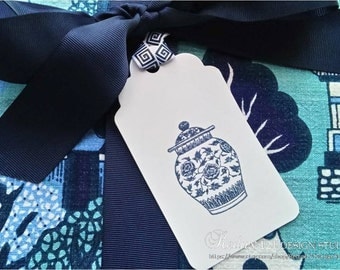 Handmade Chinoiserie Blue and White Ginger Jar Gift Tags Embossed Labels Asian Porcelain Party Supplies Hollywood Regency - Set of 6