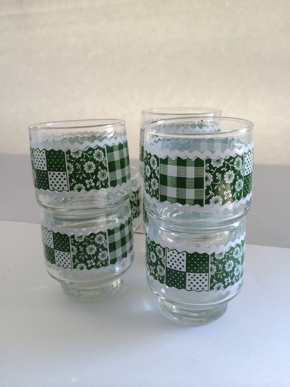 Libbey vintage drinking glassware. Green quilted patchwork