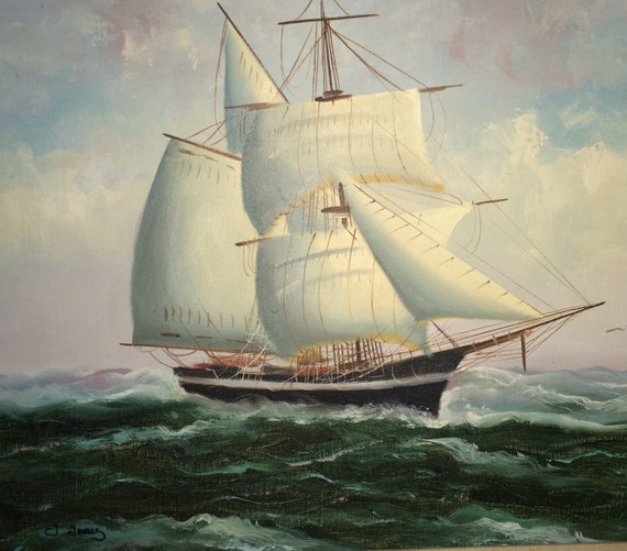 Clipper Ship Oil on Canvas original Painting signed by J.