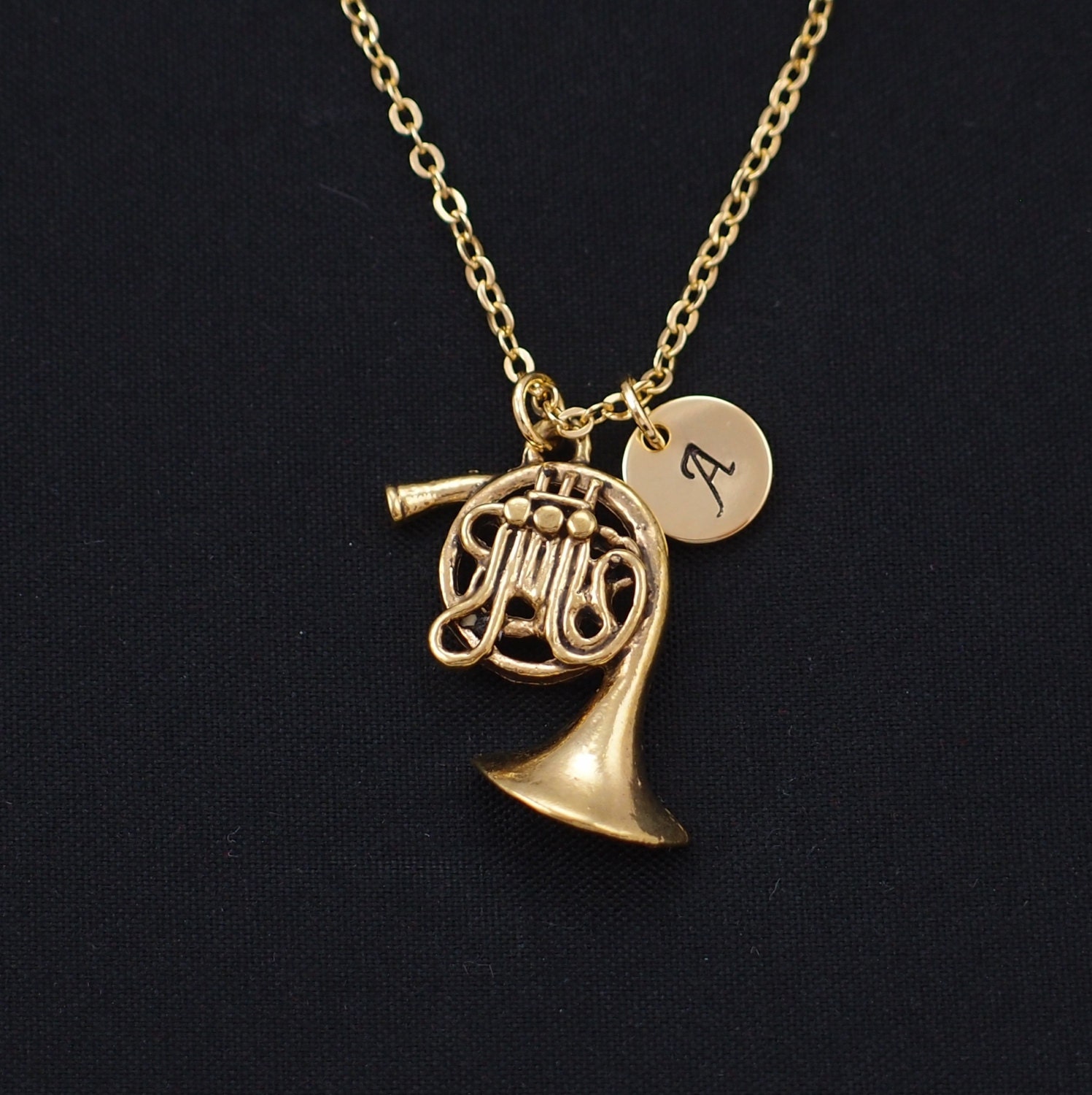 initial necklace french horn necklace gold french horn charm