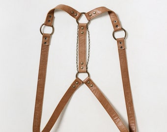 Tan leather body harness "Short Story", leather harness women, leather harness belt