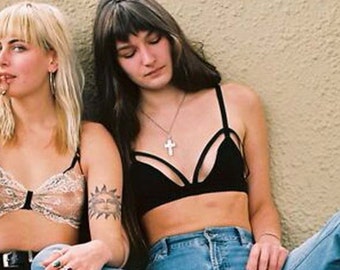 Black strappy bralette, soft cup, bondage
