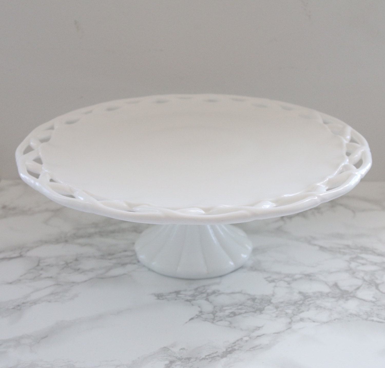 Vintage Milk Glass Cake Stand with Lace Rim / Wedding Cake