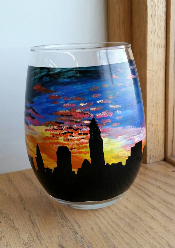 Cleveland Skyline Wine Glass by SplashoColors on Etsy