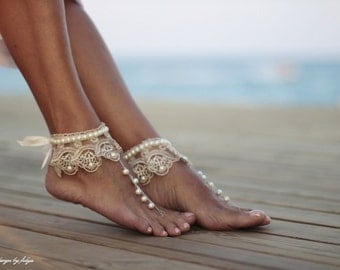 Dance of the pearls with frilly guipure beach wedding barefoot sandals, bangle, wedding anklet,nude shoes,boho sandal,cuff