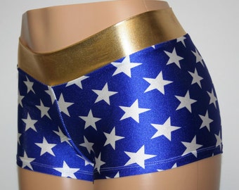 Wonder Woman Booty Shorts. Choose Mid Rise or High Waist. Great for Halloween, Cosplay, Independence Day, Dance and More!!