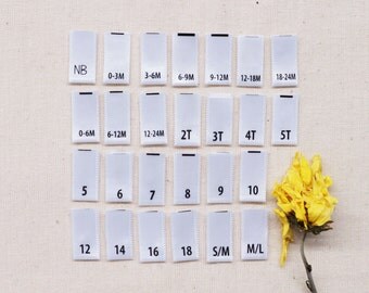 Printed Satin Size Tabs-For Childrens/Baby Clothing-White Labels w/ Black Letters-Center Fold - 0.375" (W) x 0.75"(H) Folded Size