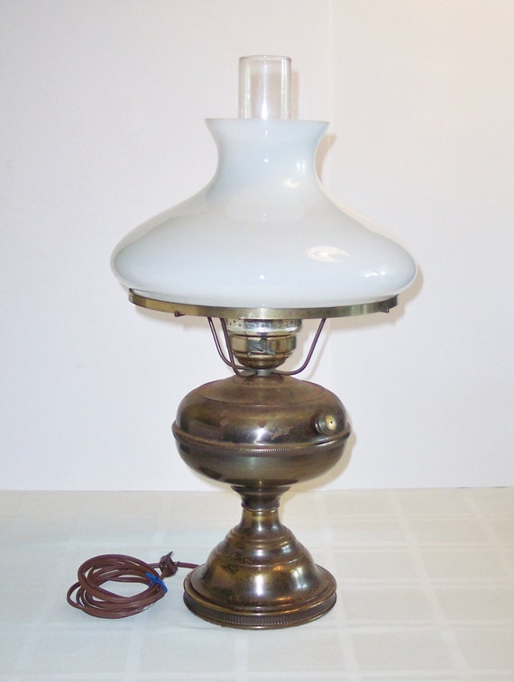 Vintage electrified brass oil lamp glass shade 21 X