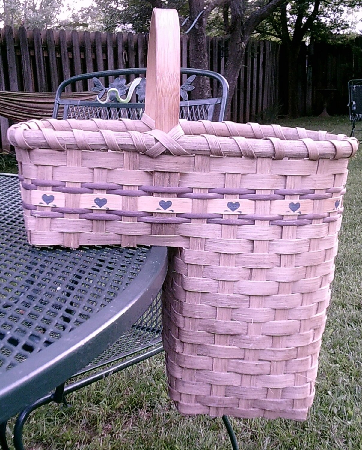 Vintage Woven Wicker Stair Basket, Blue Hearts hand Painted on Basket