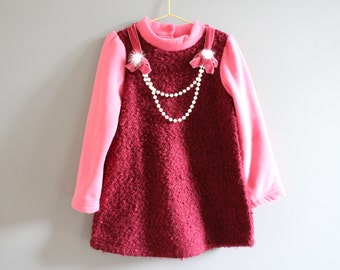 Burgundy knitted combined pearl velvet pom pom necklace long sleeves fleece girl dress/ tunic 3 to 5 years old