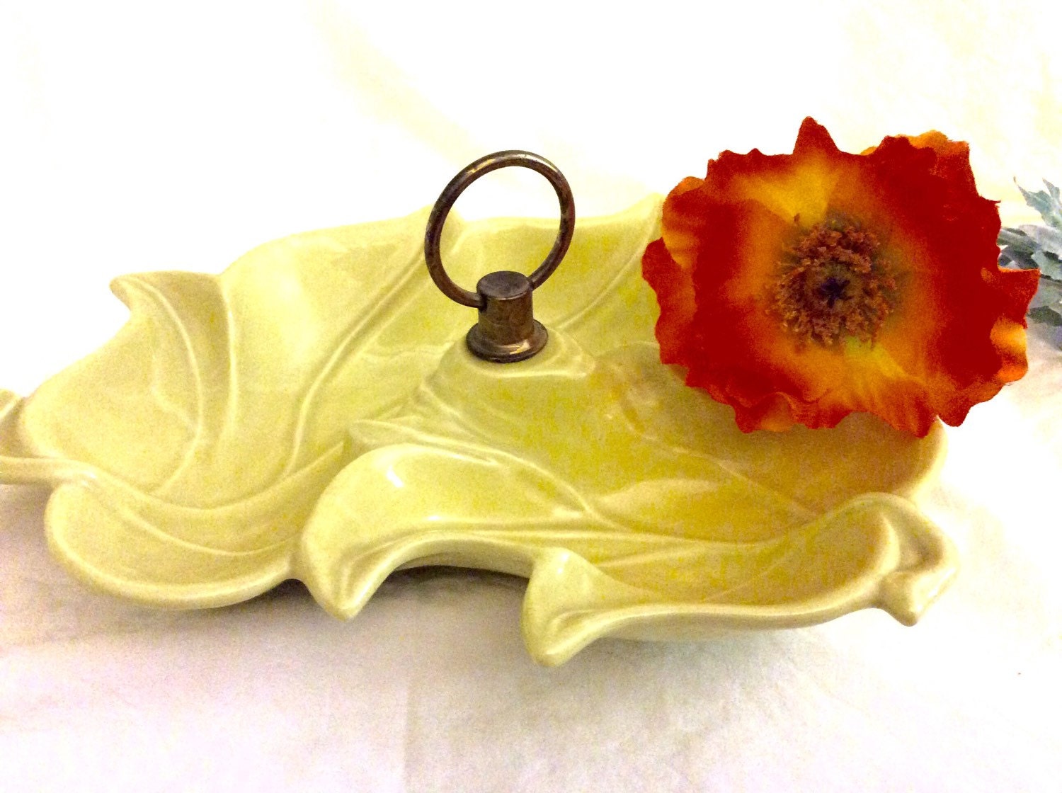 Delicate yellow leaf condiment/candy/nut serving dish with brass handle