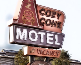 Sign Photography, Motel Sign, Vintage Neon Sign, Cozy Cone Motel Sign, Retro Home Decor, Vintage Home Decor, Neon Sign Photo Sign Typography