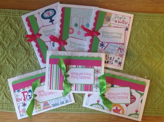 Items similar to Cute Handmade Christmas Cards - Pink &amp; Green - 6pk on Etsy