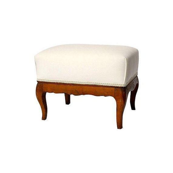 Vintage White Denim & Carved Wood Ottoman Haute Juice
