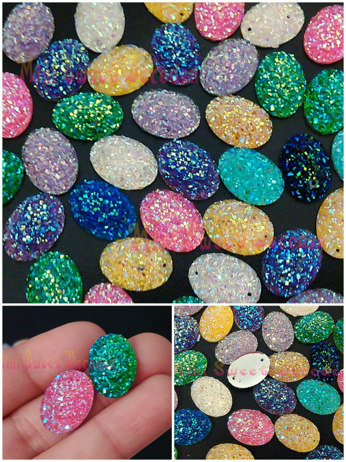 14 Small Mixed AB Oval Glitter Gems Flatback Jewelry Findings