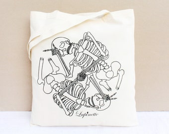 Cotton Tote Bag / Shopping bag / Organic Cotton Bag - Ying and Yang Skeletons