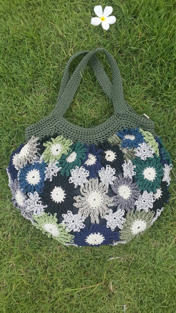 Spring flowers tote bag Crochet Bagknitting bagfor by SiriwanBag