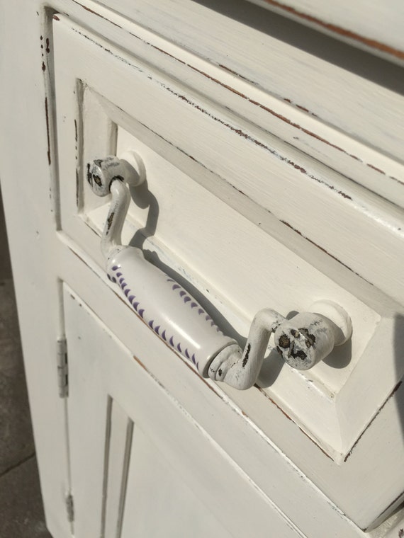 White Cupboard // Sideboard // Solid Wood // Pine // Furniture // Ceramic Detail // Ceramic Handles // Painted Furniture // Lavender Tile //