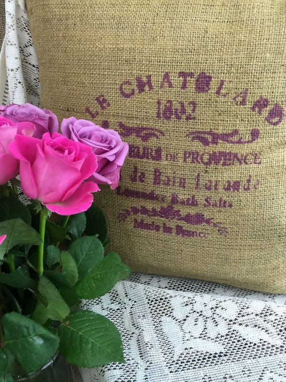 Le Chatelard 1802 Rustic Burlap Cushion // French Style // Hessian Jute Cushion // Hand Stenciled Cushion // Hand Printed Fabric Cushion //