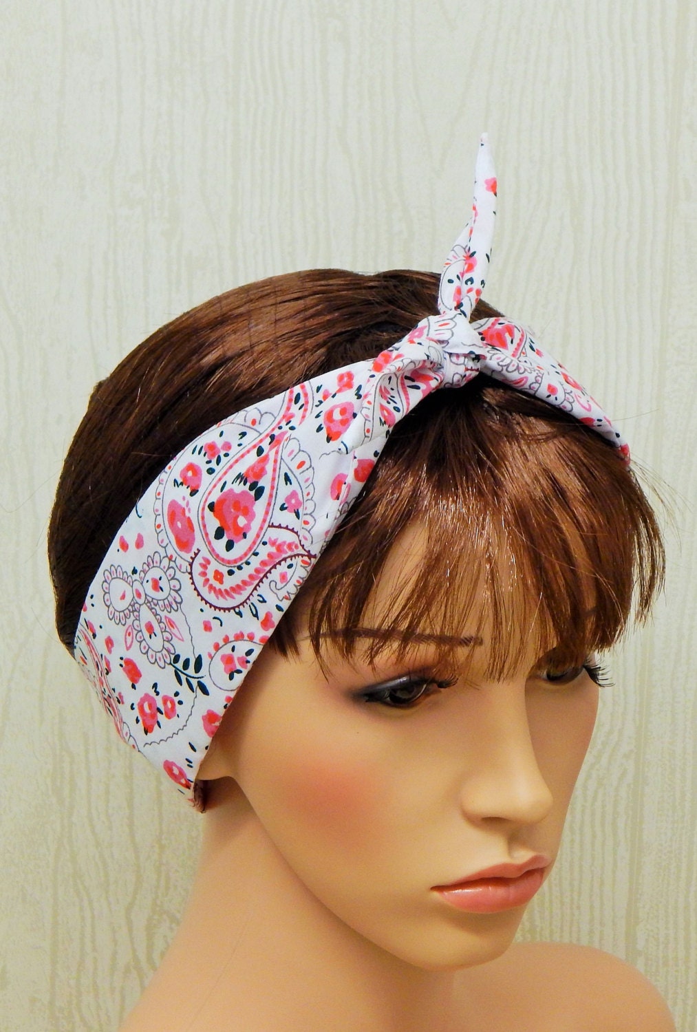 Cotton Self Tie Headband White with Pink Paisleys Head Scarf