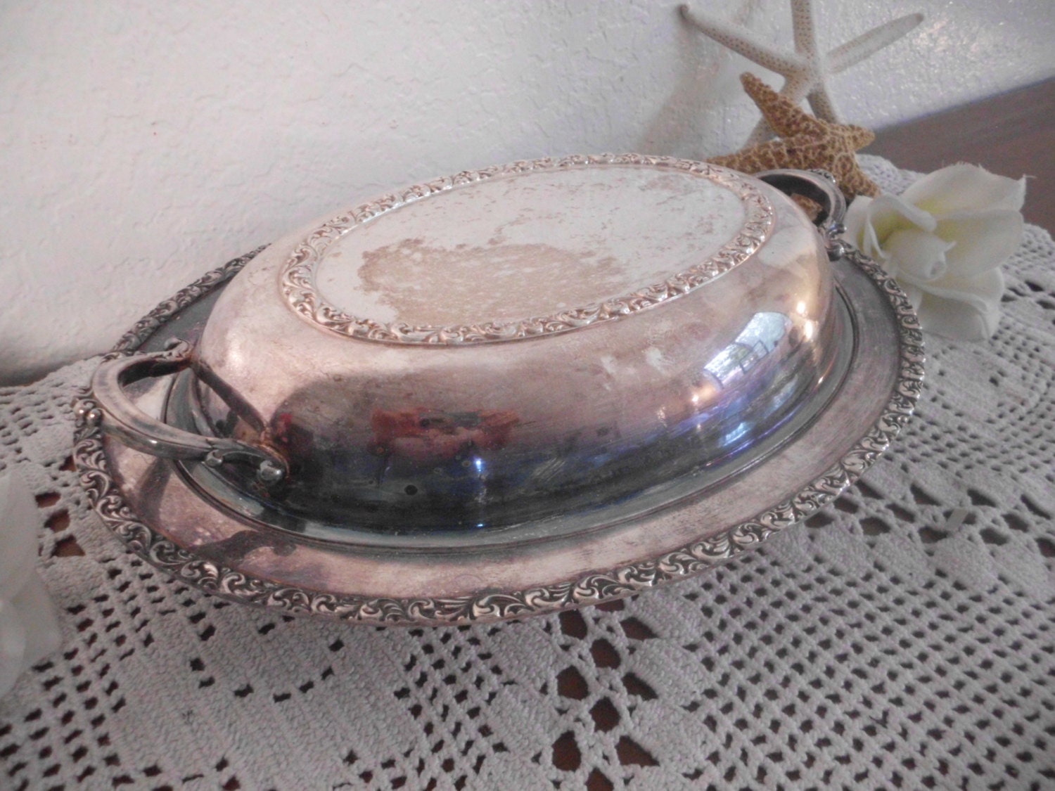 Antique Vintage Serving Dish Quadruple Silver Plate Covered Oval