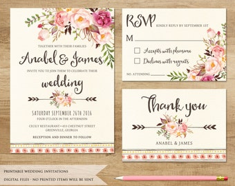 Floral Wedding Invitation. Printable Wedding Invitation. Rustic Invitation. Boho Wedding Invitation. Bohemia Wedding. Country Wedding Invite
