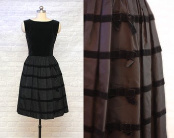 Black on Black Velvet & Taffeta Bow Dress | vintage 1950s dress | 50s Special Occasion Attire