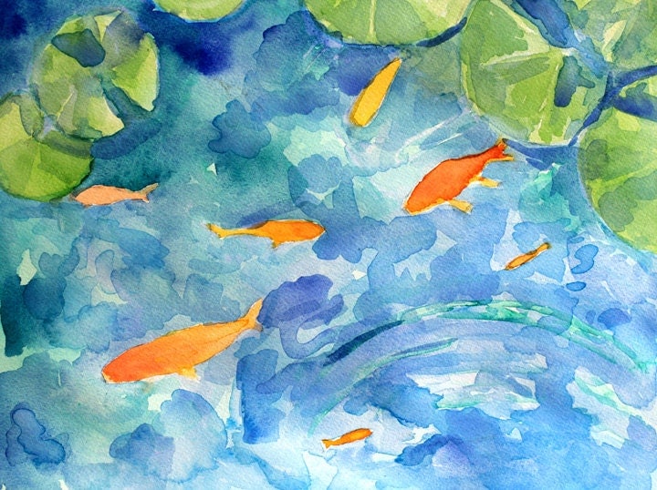 koi pond colorful fish watercolor painting / unframed by claire