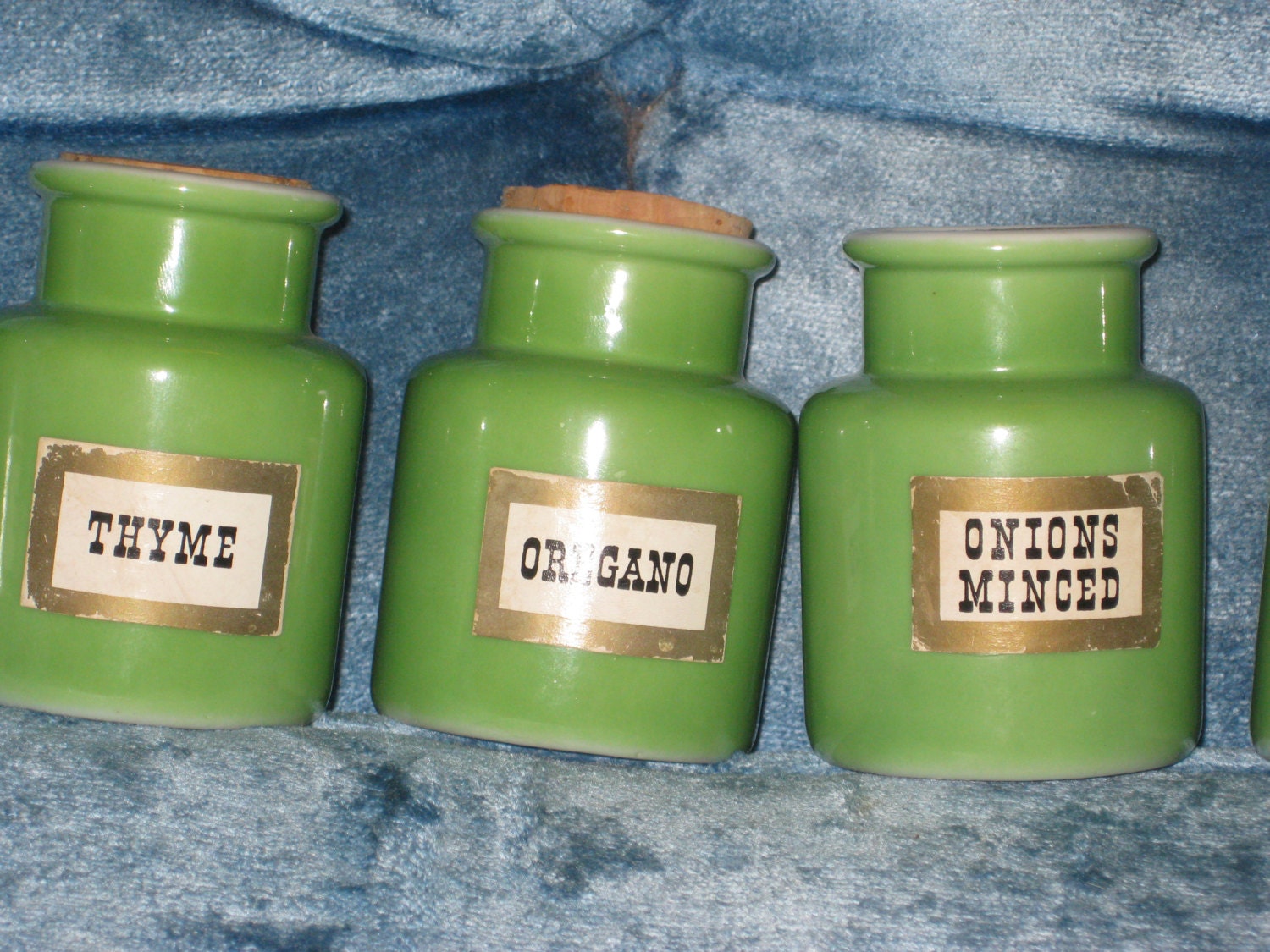 Five Adorable Green Milk Glass or Jadeite Spice Jars with Cork Lids