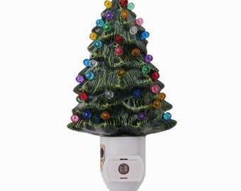 Little Green Ceramic Christmas Tree Night Light Color Globes on Light Sensitive Automatic Switch Stocking Stuffer Holiday Gift Ready to Ship
