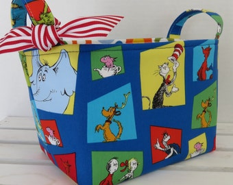 Storage and Organization - Fabric Organizer Container Bin Basket Bag- Made with Licensed Dr. Seuss Cat in the Hat Multi-Color Squares Fabric