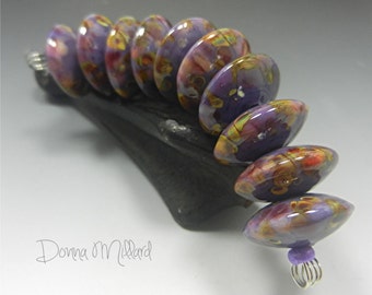 HANDMADE LAMPWORK Glass Beads SET Donna Millard sra disc beads purple gold raku lamp work autumn fall