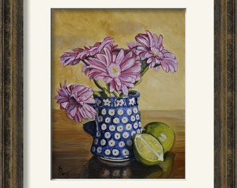 Polish Pottery blue kitchen decor wall art print, pottery mug with flowers and lime, still life art print, Kitchen art, floral print
