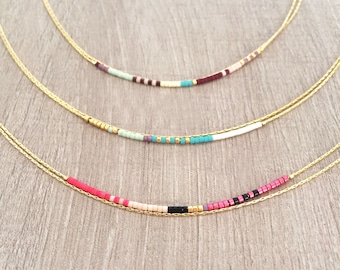 Minimalist Delicate Gold Double Necklace with Tiny Beads // Thin Layering Boho Necklace // Colorful & Simple Necklace