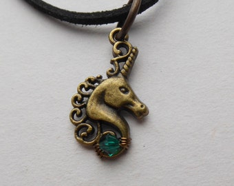 Unicorn Pendant -- Swarovski Crystal, Antique Brass Unicorn, Wire Wrapped Bead, Choice of colors