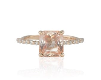 Sapphire Engagement Ring, 2 carat Square Cut Padparadscha Sapphire Engagement Ring w/Prong Set Diamond Shank - Choose your Sapphire - LS3235