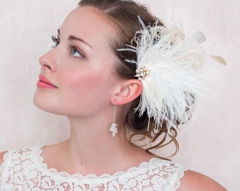 Ivory Ostrich Feather Hair Clip Fascinator Crystal Gold Brooch