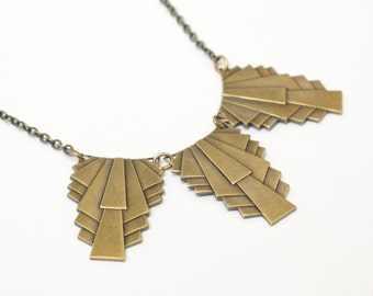Art deco necklace 1930s vintage style brass or silver architectural statement retro jewelry