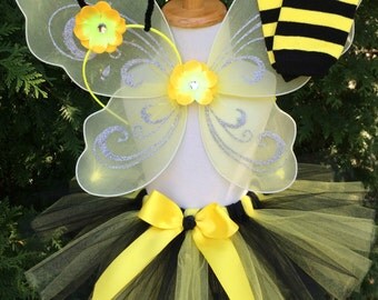 Bumble Bee Costume - Baby Girl Tutu Costume - Halloween Tutu - Yellow and Black - Wings, Antenna and Leg Warmers