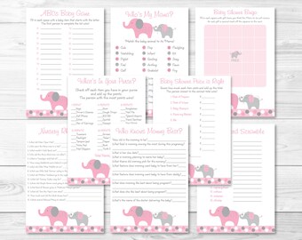 Pink Elephant Baby Shower Games Package-8 Printable Games (Price is Right, Bingo, Word Scramble, Animal Match etc) INSTANT DOWNLOAD