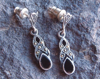 Earrings, Marcasite Earrings, Vintage Sterling Silver Marcasite and Black Onyx Dangle Earrings