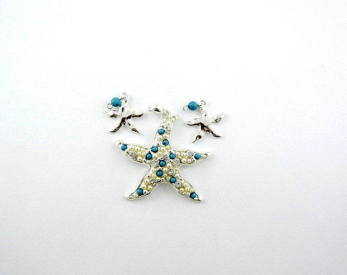 Set of Silver-tone Starfish Pendant and Charms Turquoise Cabochons Rhinestones