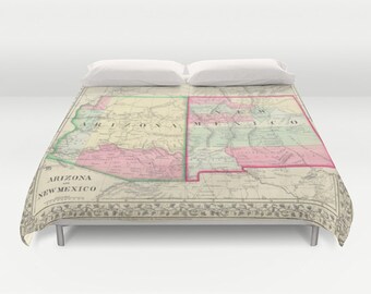 Antique New Mexico - Arizona Map Duvet Cover, Vintage New Mexico Arizona Map Bedding, Old Map Bedspread, Decorative,New Mexico Arizona decor
