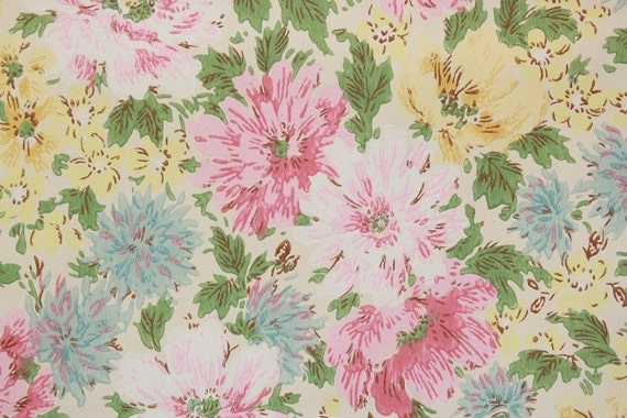 1960s Vintage Wallpaper Spring Flowers Pink Blue and Yellow by