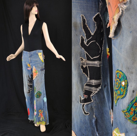Vintage 1970s Patched Jeans Embroidered Faded by PersonalPursuits