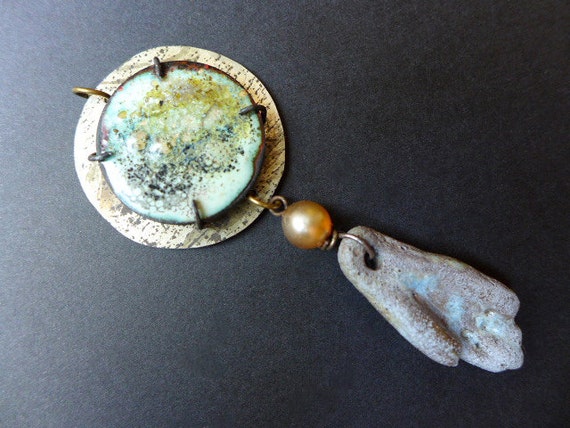 Petrichor. Rustic assemblage pendant with ceramic and torch enamel. 