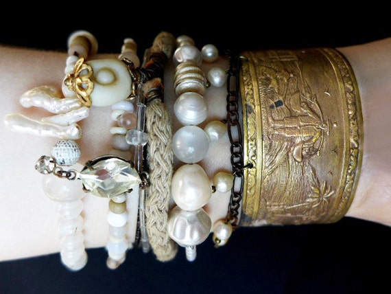 Beach Sand. Bangle stack. Rustic tribal gypsy bracelet set with cuff in white and beige.