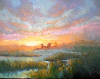 Impressionist art, Marsh Sunset Painting, Marsh Sunset Landscape Painting , Small Oil Painting, "Marsh Sky", 11x14x1.5" Oil