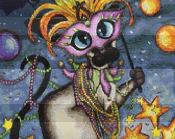 Modern cat cross stitch kit by AmyLyn Bihrle 'Siamese Mardi Gras' DIY counted cross stitch